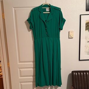 Vintage Green Midi Dress with Gold Buttons